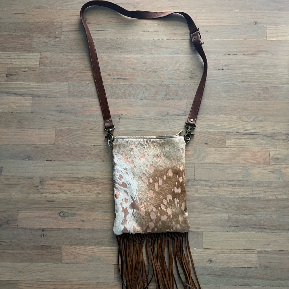 Brown and Cream Cow Hide Fringe Crossbody Bag